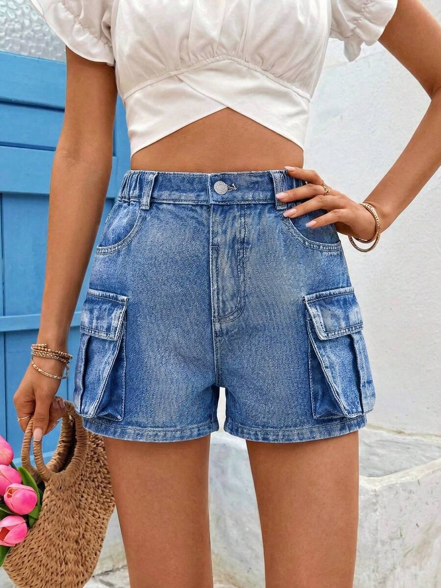 Tween Big Girls Light Blue Summer Casual Vacation Cargo Denim Shorts,High Waist Multi Pocket Loose Versatile Street Style Thin Hot Pants Jean Shorts - Light Wash - View 1