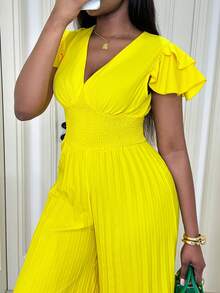 Xyvia 女士优雅精致V领无袖收腰褶裥连体裤 - 黃色 - 查看 8