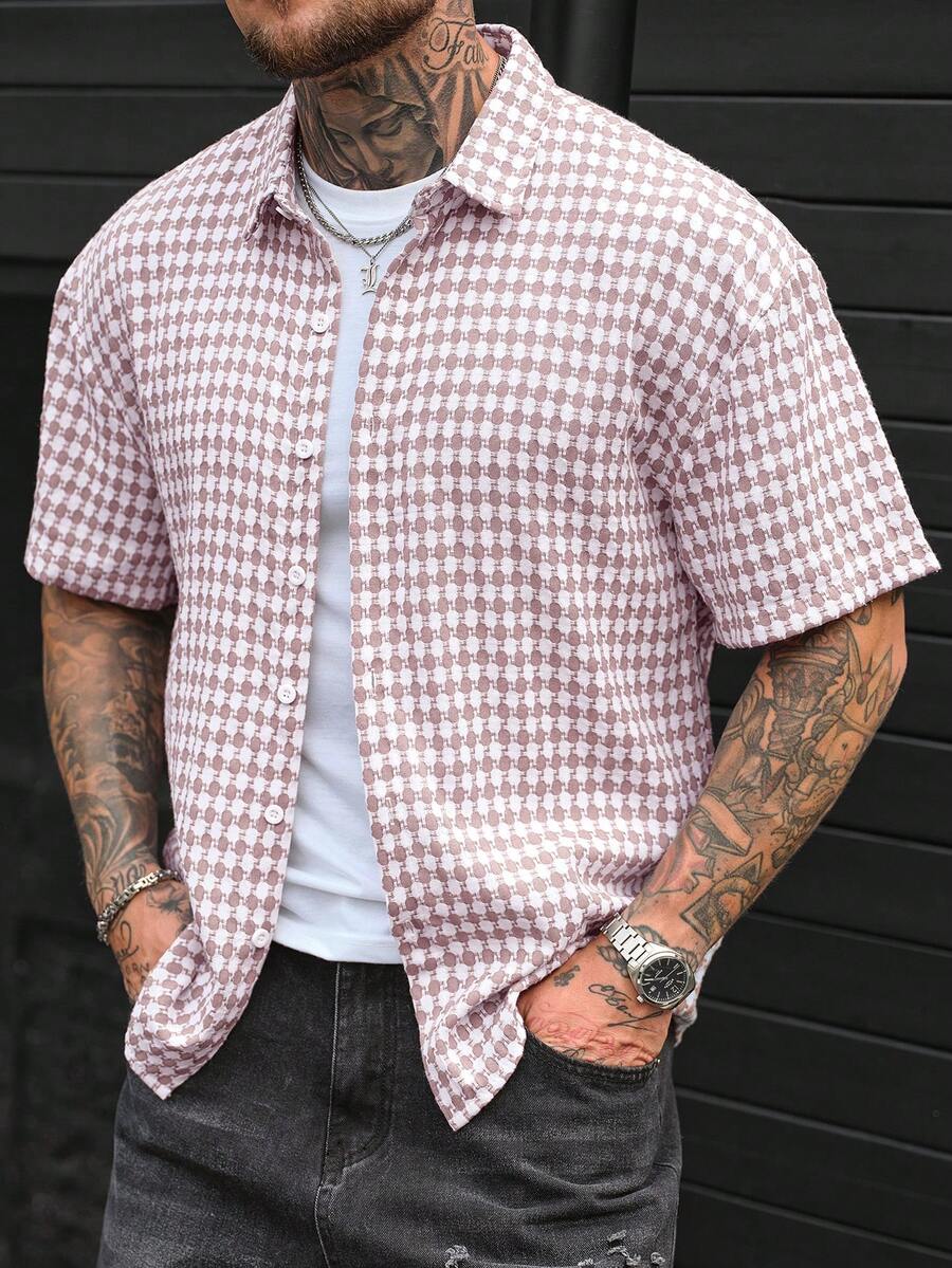 SLATEMANN Men's Fashionable Dropped Shoulder Short Sleeve Shirt - Khaki - View 1