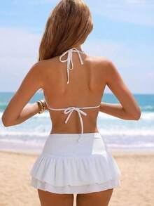 Swim Mod 3pcs Women's Swimwear Set, White Textured Fabric Halter Neck Tie Bikini Top, Swim Bottoms And Ruched Mini Skirt, Sweet Girl Style Suitable For Beach, Pool, Resort - Beige - View 2