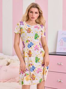 SHEIN X Care Bears 女士卡通印花短袖睡衣 - - 杏色 - 查看 3
