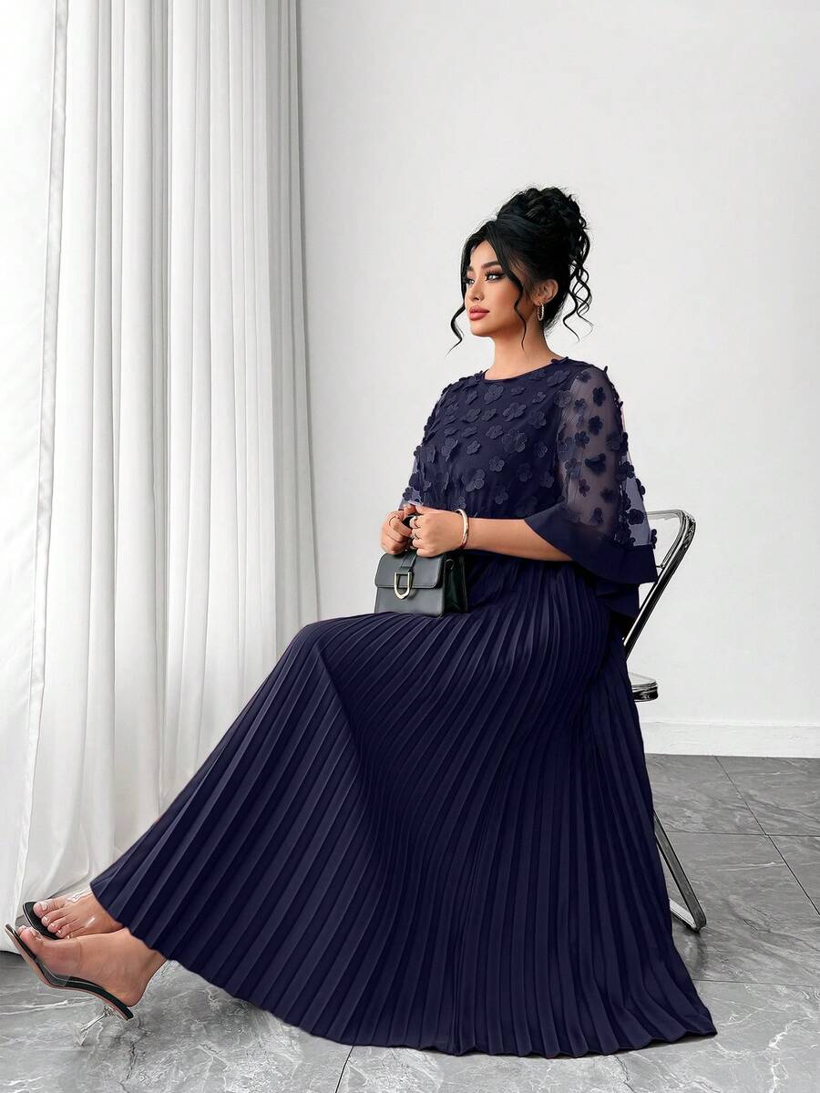 SHEIN PETITE CURVE Plus Size Women Floral Decor Patchwork Pleated Hem Dress - Navy Blue - View 1