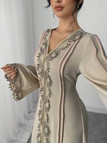 Rafferiza Women's Loose V-Neck Ruffle Long Sleeve Robe, Turkish Abaya, Arabic Kaftan - Baby Pink - View 4