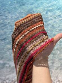 GalTyme Áo thun tay ngắn cổ lệch vai họa tiết sọc nhiều màu sắc phong cách Bohemian, cỡ lớn, thích hợp cho mùa xuân/hè. - Nhiều màu - Xem 7