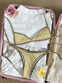 Swim Mod Women's Yellow Polka Dot Spaghetti Strap Sexy Beach Vacation Swimsuit Set - Yellow - View 7