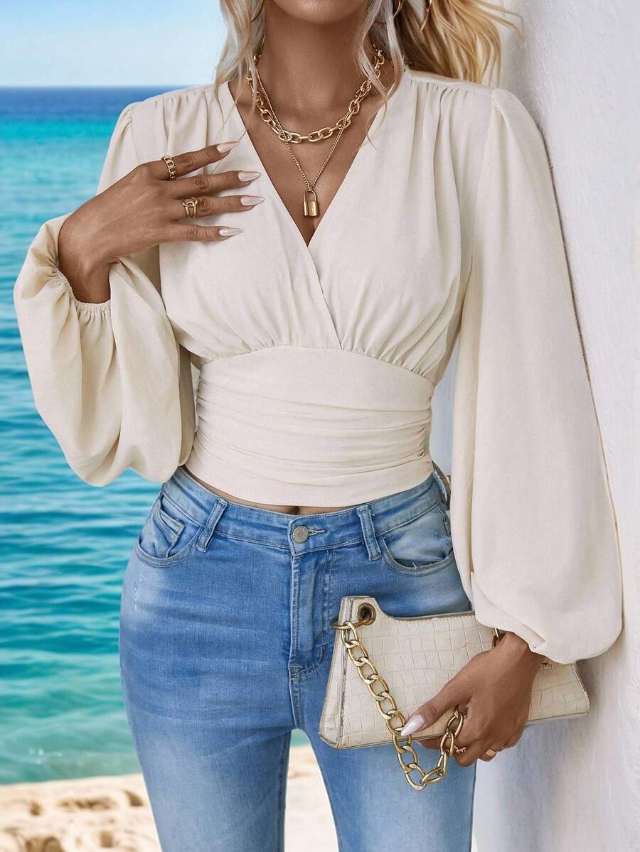 Wandoria 灯笼袖褶皱衬衫，长袖上衣 - 杏色 - 查看 1