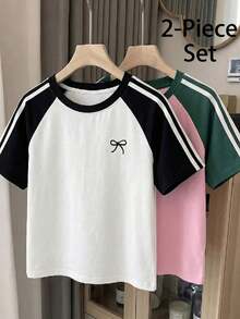 SHEIN Tween Girls' 2-Piece Set Pink & Green Bow Print Loose Round Neck T-Shirt,Black And White,Summer,Casual,School Comfortable Versatile Summer Tops - Multicolor - View 1