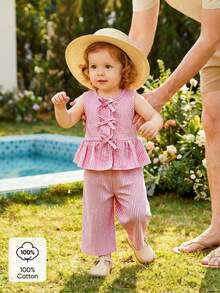 SHEIN Playful Pals 2件套女婴幼儿/新生儿0-3岁春夏休闲甜美日常度假条纹梭织无袖上衣和阔腿裤两件套 - 粉色 - 查看 4