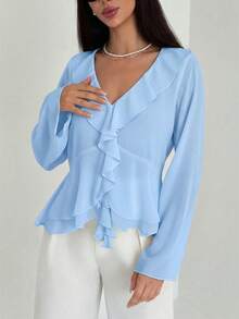 Aloruh Blusa ajustada de manga larga con volantes, cuello en V profundo y puños acampanados, de estilo bohemio, para uso diario y de oficina, de moda minimalista para mujer - Celeste - Ver 3