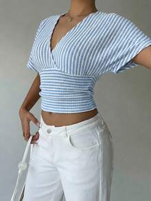 Aloruh Women's Casual Striped Batwing Sleeve T-Shirt, Summer,Summer Top - Baby Blue - View 7