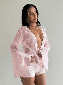 Aloruh 女士深V领提花休闲百搭日常衬衫 - 粉色 - 查看 5