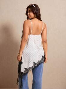 Elaquor Plus Size Women Lace Polka Dot Print Asymmetric Hem Camisole Top - Black and White - View 2
