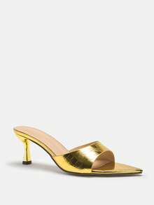 Glitzique Mules à talons stilettos jaunes pour femmes, à la taille cintrée et à la large empeigne, avec une pointe délicatement texturée en pierre, des talons de chaton métalliques élégants de couleur jaune. Sandales à talons hauts jaunes convenant pour le printemps/été, les soirées de mode, les tenues décontractées et extérieures. Couleur or métallique luxueuse miroir - Doré - Voir 4