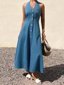 DAZY Women's Casual Washed V-Neck Sleeveless Denim Dress, Summer - Medium Wash - View 3