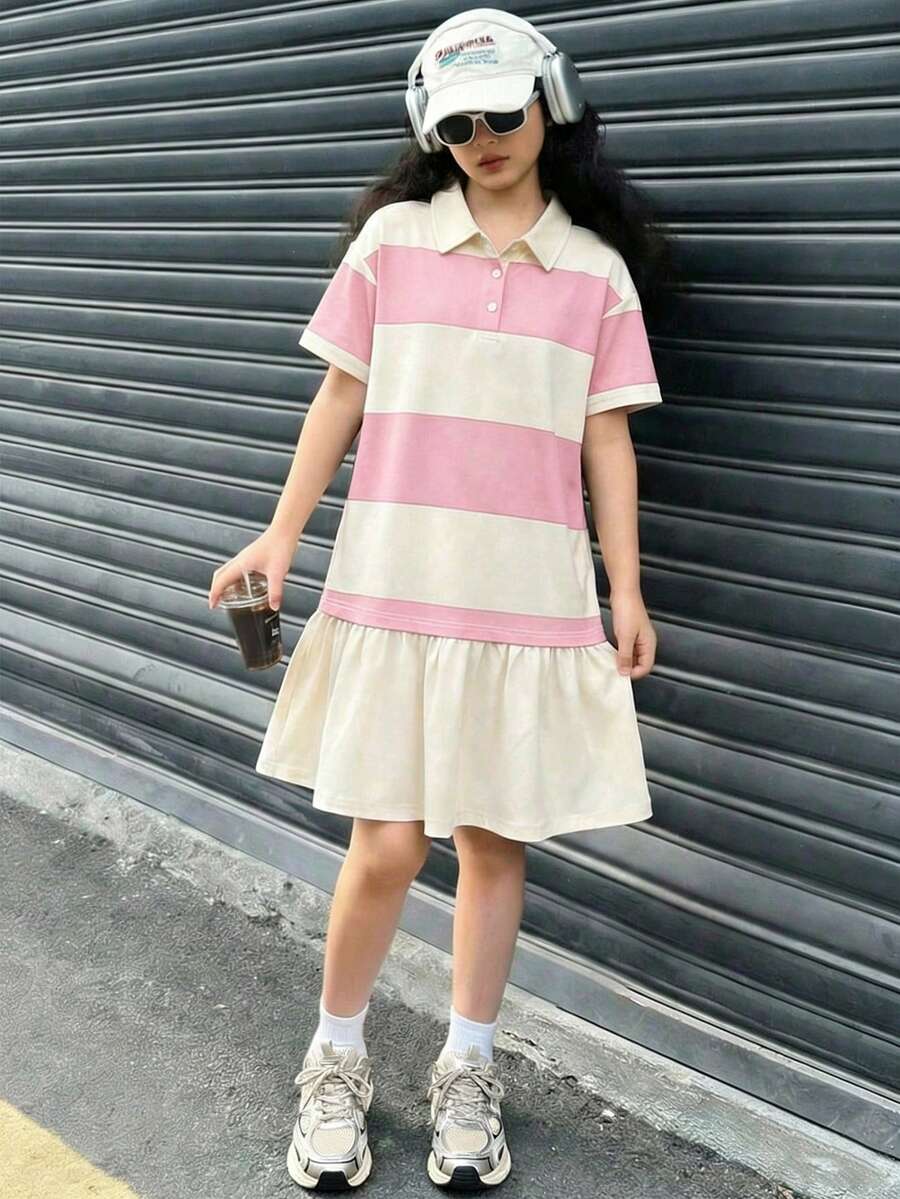 SHEIN 少女休闲条纹短袖迷你连衣裙,蓝白条纹,夏季套装,条纹连衣裙,夏日连衣裙,运动连衣裙,运动裙 - 藕粉色 - 查看 1