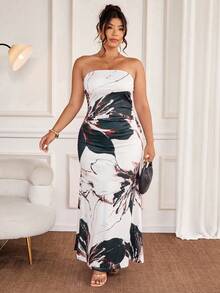 SHEIN Allurite Đầm ống in hoa thanh lịch dành cho phụ nữ cỡ lớn - màu xanh lá - Xem 1
