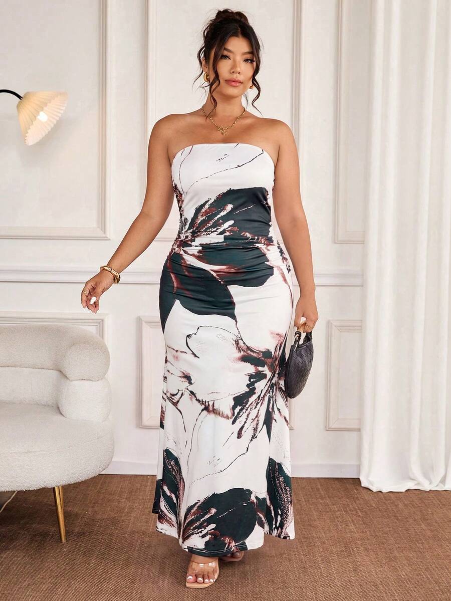 SHEIN Allurite Đầm ống in hoa thanh lịch dành cho phụ nữ cỡ lớn - màu xanh lá - Xem 1