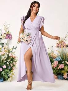 Cravure Plus Size Romantic Elegant Wedding Solid Color Cross V-Neck Tie Side Ruffle Sleeve Dress - Purple - View 3