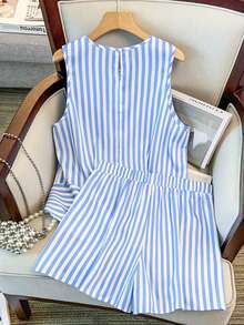 GlowEve CURVE Women's Summer 2-Piece Set, White Striped Linen-Like Fabric, Casual Vacation, Daily Leisure Smart Casual Minimalist Beach Formal Loose Cooling Set - Blue and White - View 2