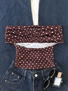 SHEIN 少女休闲简约舒适露肩波点T恤 - 卡其色 - 查看 2