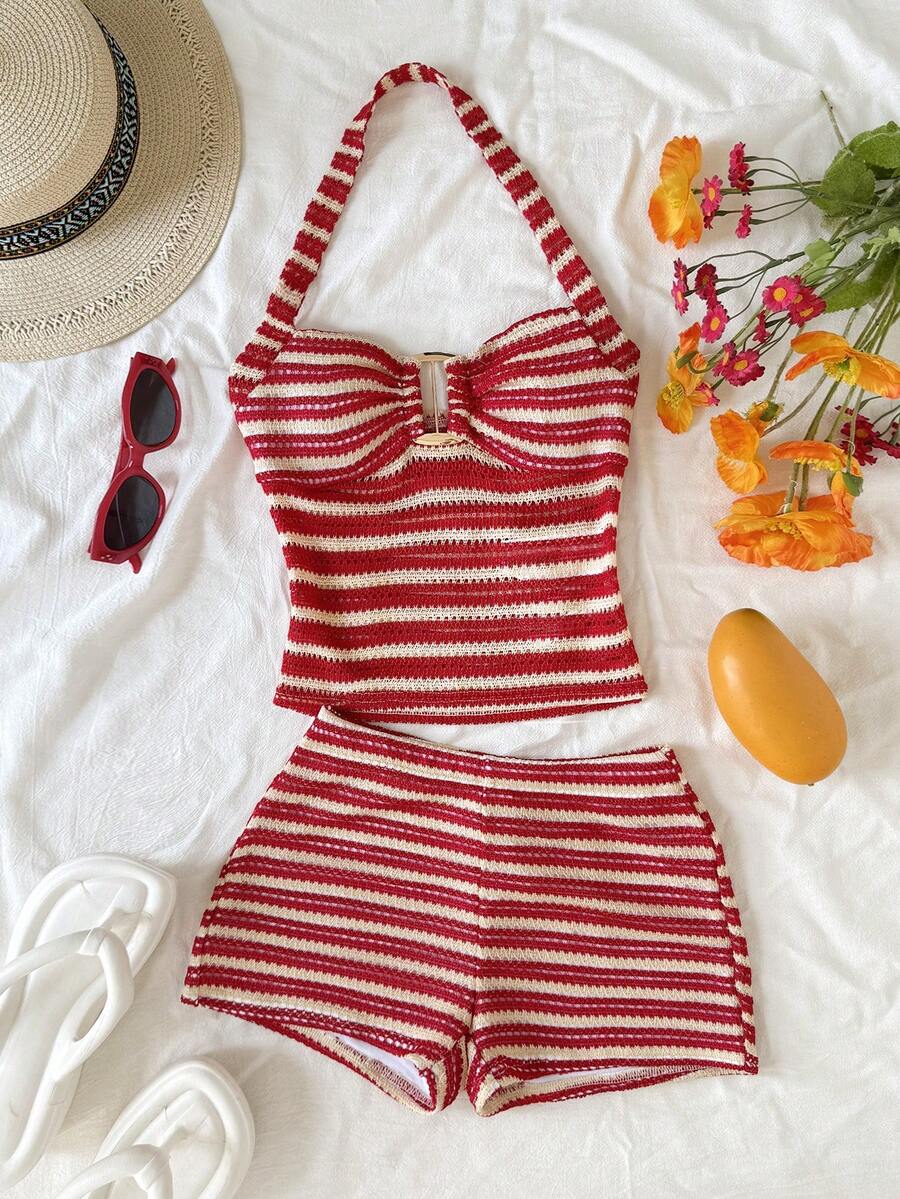 SHEIN Teen Girl Casual Everyday Comfortable Striped Camisole And Shorts Set - Red - View 1