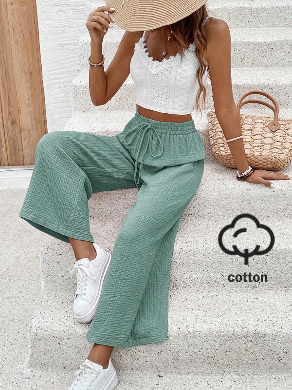 SHEIN Frenchy Pantalones casuales minimalistas de unicolor con cordón para mujer