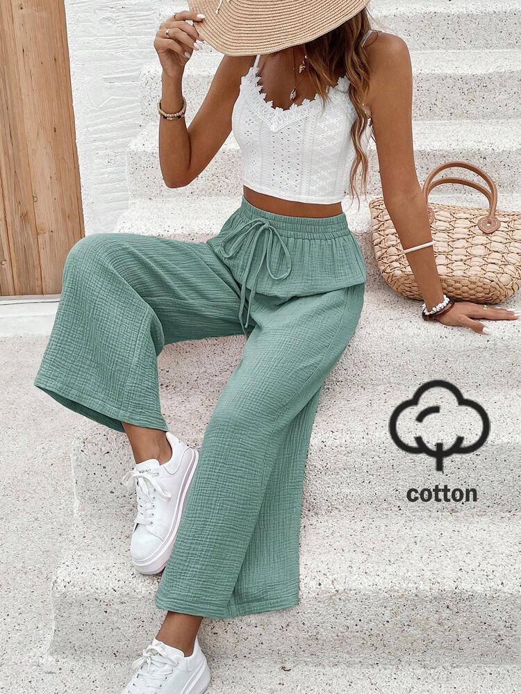 SHEIN Frenchy Quần nữ trơn màu, kiểu dáng tối giản, buộc dây, thích hợp mặc thường ngày. - Xanh lá cây Mù sương - Xem 1