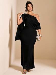 Cravure 大码女士优雅纯色连衣裙，不对称肩部设计，生日礼服，夜店露肩派对春季连衣裙，夏季女士套装，优雅正式女士连衣裙，晚礼服，修身长款连衣裙，婚礼女士连衣裙，婚礼宾客浪漫连衣裙 - 黑色 - 查看 4