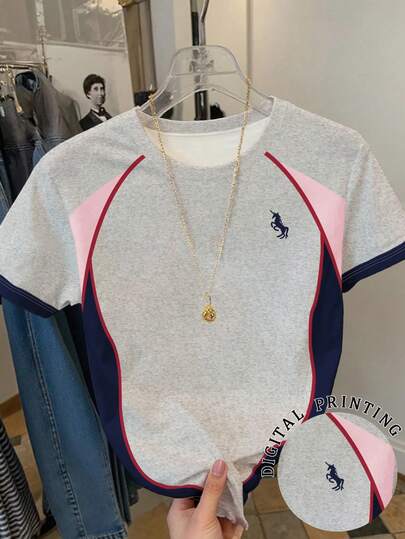 Resyla 女士休闲通勤骑行印花撞色短袖T恤，夏季