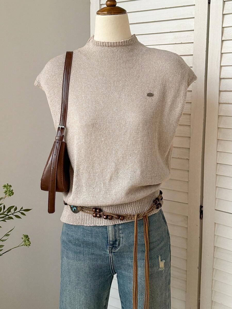 DAZY Women's Stand Collar Fitted Sleeveless Knit Sweater Top - Khaki - View 1