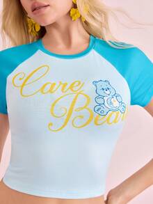 SHEIN X Care Bears Women's Colorblock Raglan Sleeve Crop Top Tee - Blue - View 5