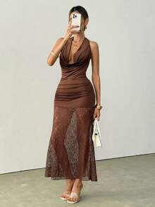 Ritzy Row 2026 New Arrival Elegant Sleeveless Deep Draped Neck Lace Hem Bodycon Dress, Deep Brown - Brown - View 1