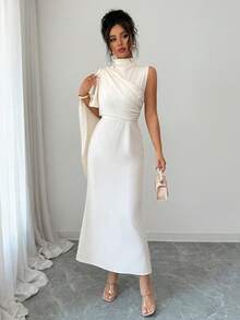 Rafferiza 女士纯色褶皱领优雅收腰长款派对连衣裙 - 杏色 - 查看 7