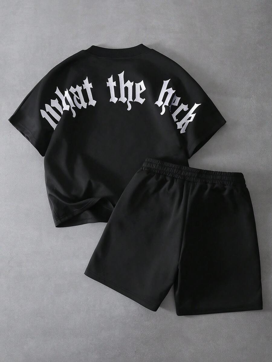 PAVTROS 男士休闲刺绣T恤和短裤套装 - 黑色 - 查看 1