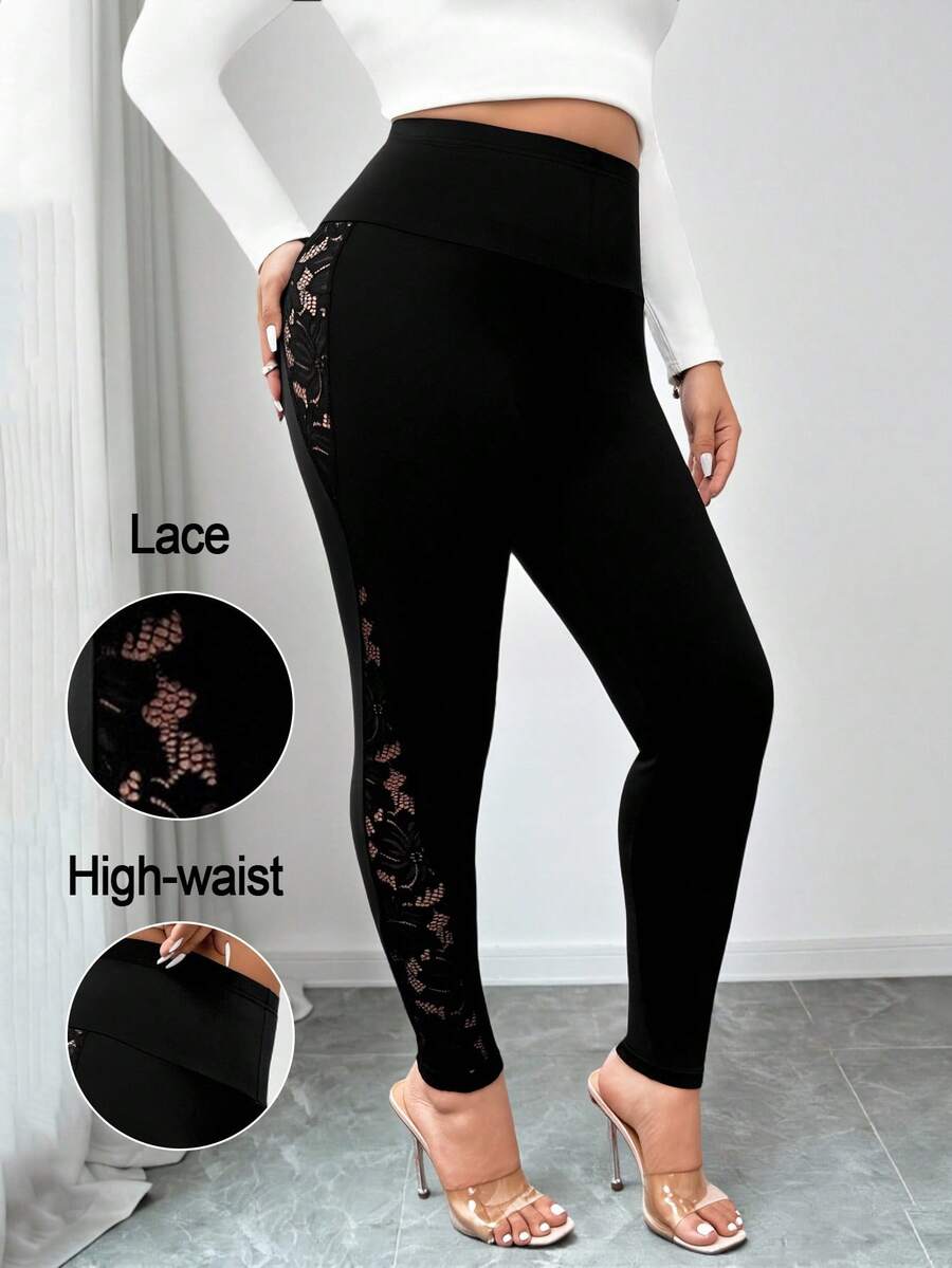 Elenzga Plus Size Solid Color Lace Patchwork High Waist Leggings - Black - View 1