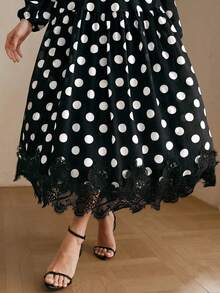 Anewsta Đầm dài tay thanh lịch chất lượng cao dành cho nữ, chất liệu chiffon chấm bi phối ren, thắt eo. - Đen và trắng - Xem 5