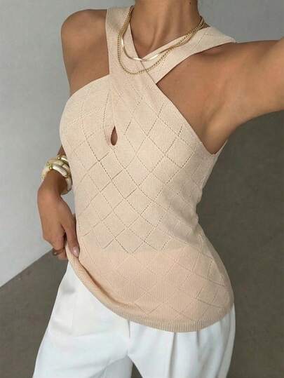 Selianne Elegant Casual Loose Comfortable Apricot Criss-Cross Diamond Pattern Knit Pullover Sweater, Spring/Summer
