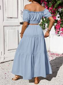 Lyckli Maternity Vacation Solid Color Frill Off-Shoulder Cropped Top And Adjustable Waist Midi Skirt 2-Piece Set - Baby Blue - View 2