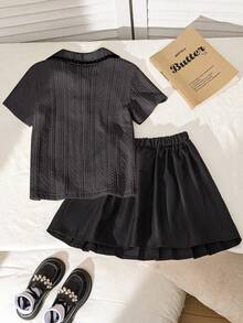 2pcs Young Girl Short Sleeve Textured Knit Elastic Fabric Round Neck Top With Embroidered Floral Trim And Pleated Black Skirt, Cute Casual Everyday Outfit - Grey - View 3