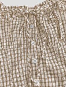 SHEIN Sweetro Women's Plaid Tie-Waist Ruffle Hem Short Sleeve Blouse - Apricot - View 4