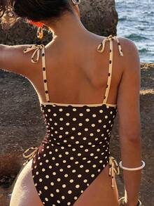 Bonvoyette Women's Multicolor Polka Dot Sleeveless Spaghetti Strap High Cut One Piece Swimsuit With Drawstring - Multicolor - View 2