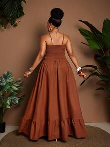 Maweii Plus Size Sexy Spaghetti Strap Hollow Out Pleated Backless Summer Dress - Brown - View 6
