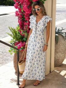 Elyressa Elegant Summer Long Dress For Women With Woven Prints - Blue - View 1