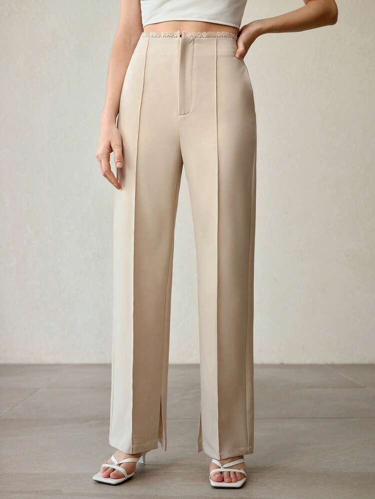 WOMEN'S CASUAL/OFFICE COMMUTE CONTRAST LACE WAISTBAND SEAM FRONT STRAIGHT LEG PANTS