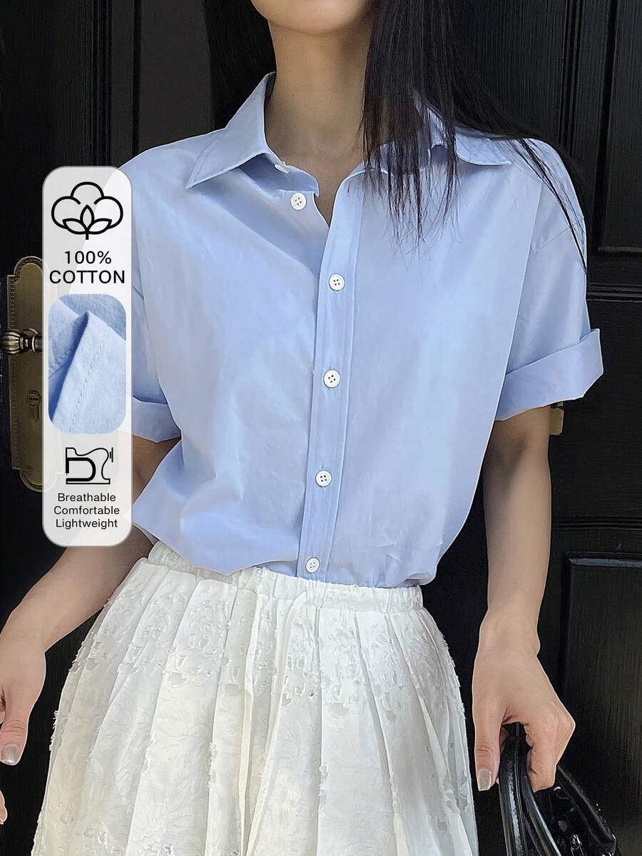 DAZY Women's Casual Solid Color Blouse, Summer - Blue - View 1