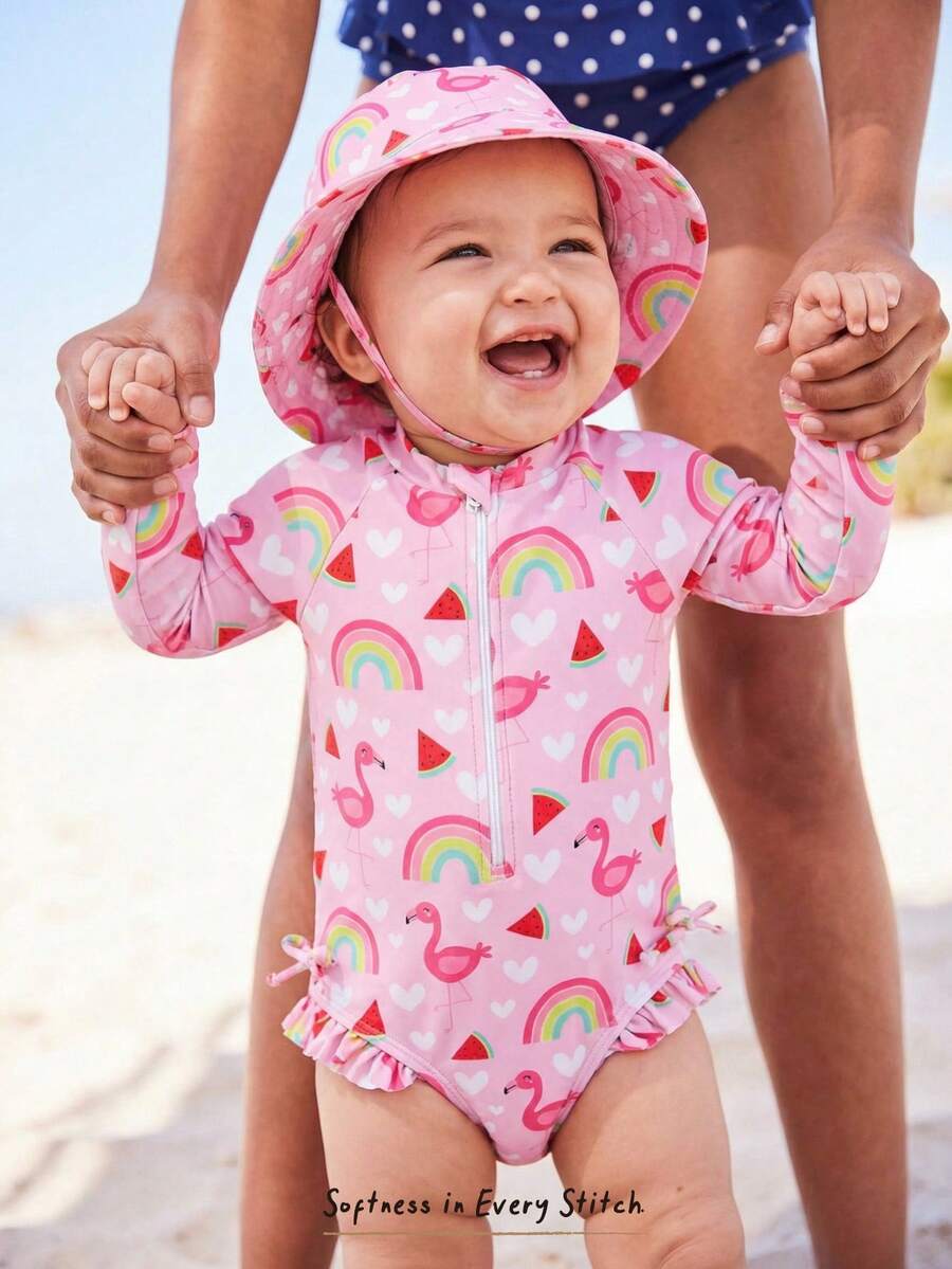 Cozy Pixies Baby Girl Rainbow Pattern Knit Soft Round Neck Long Sleeve Swimsuit & Hat 2pcs Set,Kids - Pink - View 1