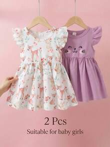 SHEIN Set de 2 vestidos de verano para niñas, vestido morado con mangas acampanadas, diseño lindo de cara de gato y estampado de conejo y animales del bosque - Morado - Ver 1