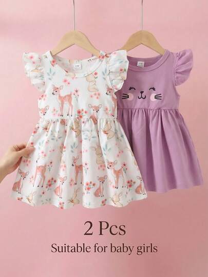 SHEIN 2pcs/Set Baby Girls' Summer Dress, Purple Sleeveless Cotton Dress With Cute Cat Face & Forest Animal Prints