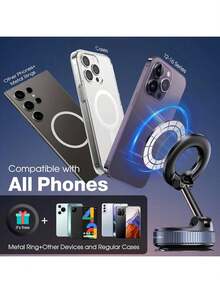 2026 New Adjustable & Foldable Large Suction Cup Magnetic Car Phone Holder, N52 Strong Magnet, 360° Rotation, Dashboard Vacuum Suction Cup Installation, Suitable For Bathroom Tiles, Glass Surfaces, ABS Material, Round, Fashionable Design | Father's Day/Valentine's Day (Note: Only Supports Installation On Smooth Surfaces) - Multicolor - View 6