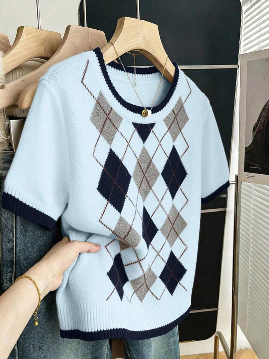 Franclia 新款休闲宽松通勤简约设计女式针织上衣，春秋季 - 淺藍色 - 查看 1